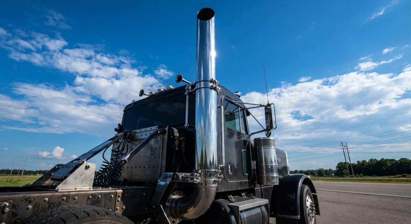 Low-angle view of a classic tractor at a terminal